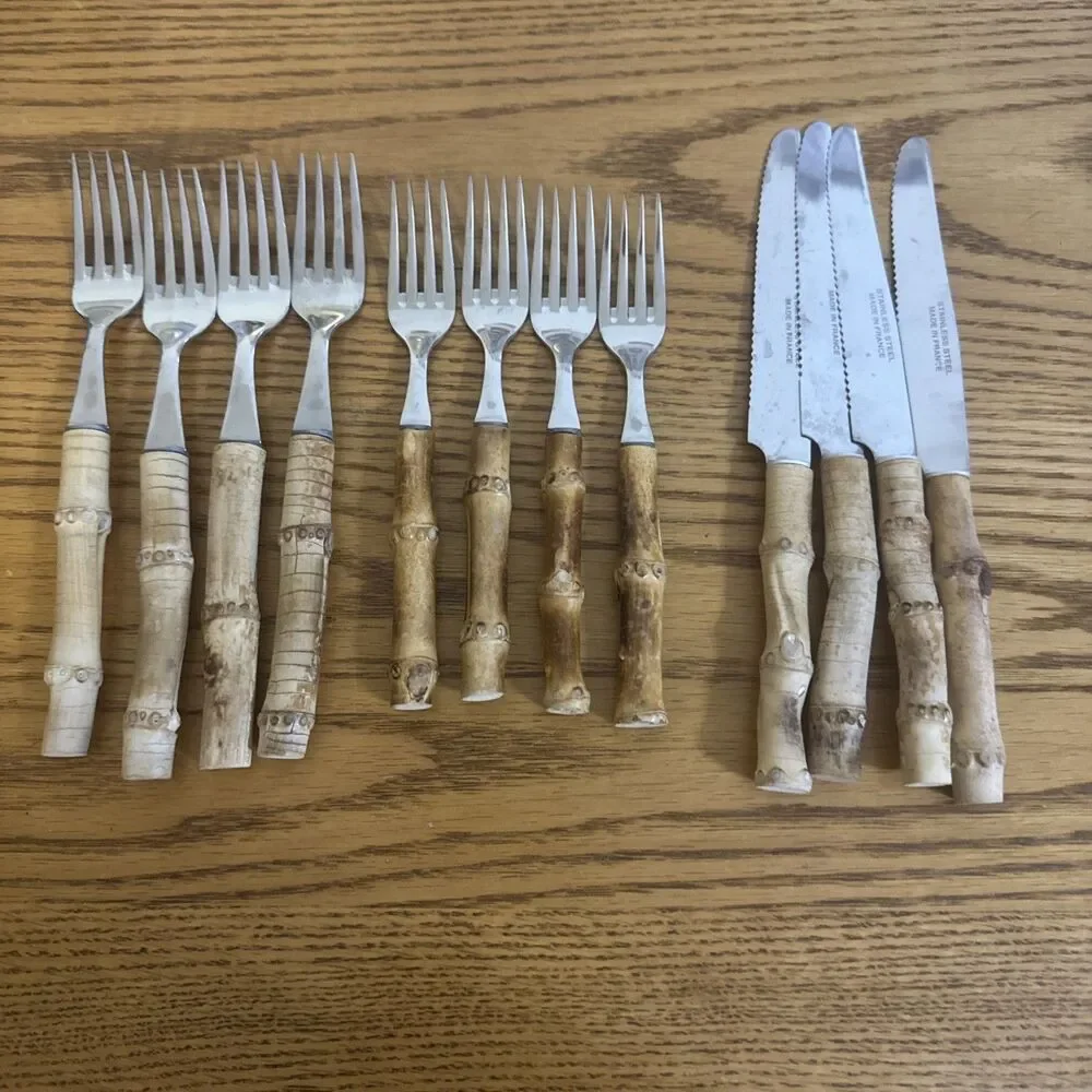 VTG Natural Bamboo Handle Flatware-Made in France Stainless Steel-12 Pieces